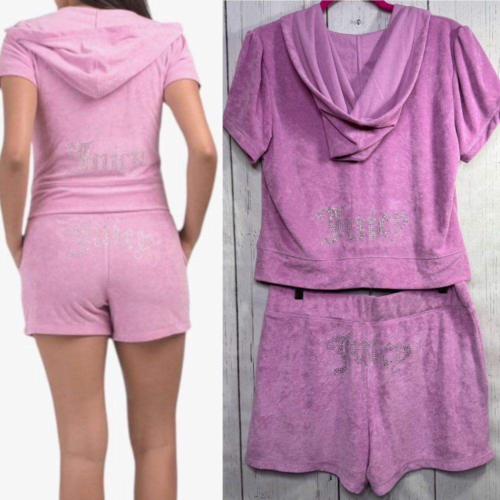 Juicy Couture Pink Terrycloth Short Sleeve Hoodie & Shorts Set Size L Bling Y2K
